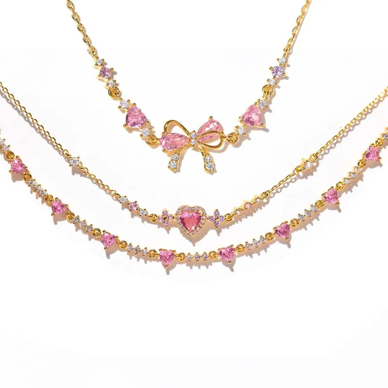 Y2K Pink Zircon Bowknot Love Heart Chain Bracelets For Women Exquisite Shiny Crystal Adjustable Bracelets Birthday Jewelry Gift 250610