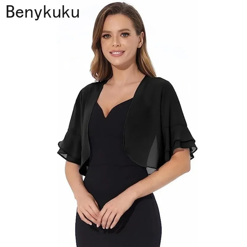 Open Stitch Chiffon Ruffle Sleeve Shrug Cardigan Fashion Sheer Bolero Navy Blue Women Cropped Top Cover Up Shawl Coat 250611