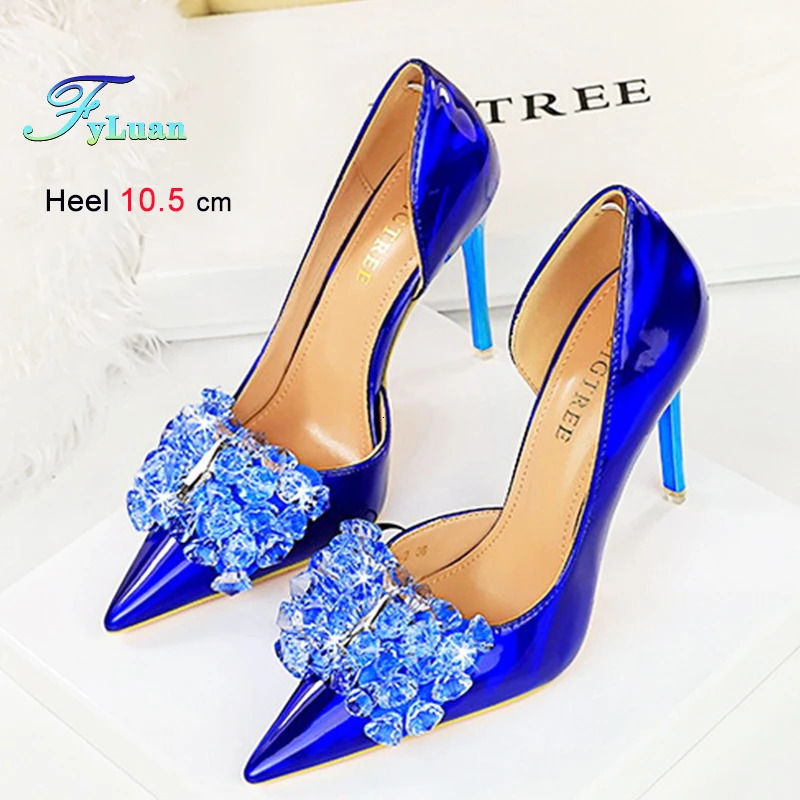 Blue Green Red Heels 10.5cm Womens Shoes Side Hollowed Out Heels Shallow Mouth Lady Pumps Rhinestone Bow Stiletto Banquet Shoes 250613
