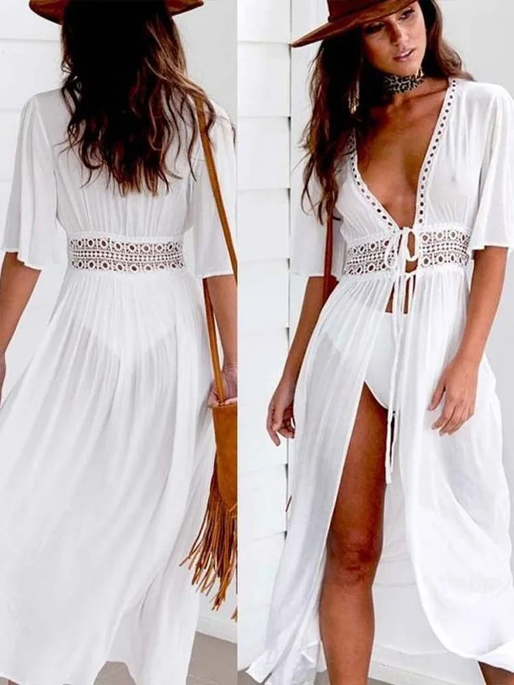 Women Lace Patchwork Laceup Long Shawl Cardigan Solid Color Bikini Female Swimming Swimwear Summer Beachwear 250611