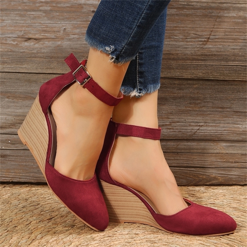 Fashion Women High Heel Sandals Closed Toe Solid Suede Pointed Wedge Shoes Thick Bottom Buckle Female Footwear 250605