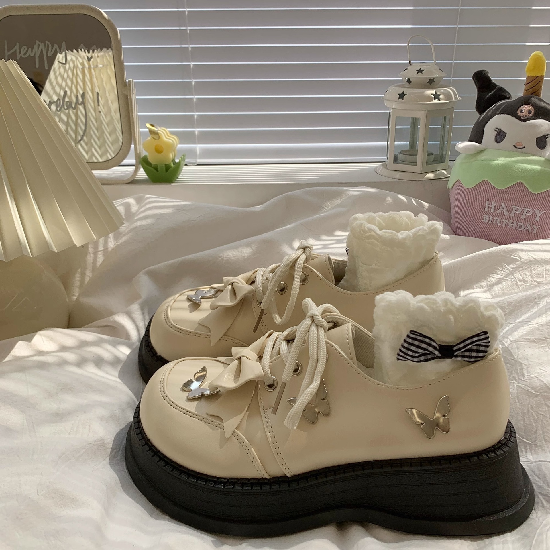 Ddmysports Thick Soled Small Leather Spring New British Style Round Toe Lace Up Bowknot Sweet Cool Mary Jane Shoes Outdoor Shoes