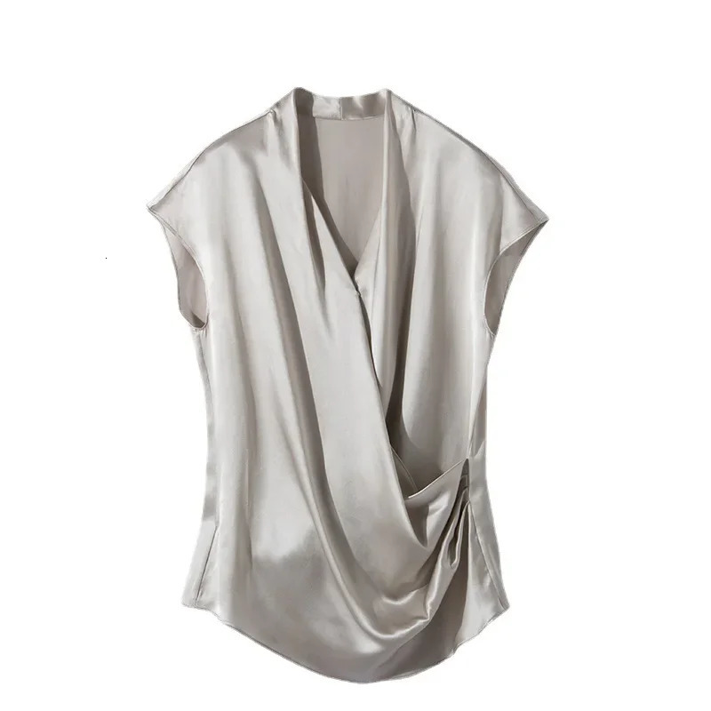 Mulberry Silk Summer Tops Loose Silk Short Sleeved T-shirts Womens V-neck Satin Women T Shirt Silk 250609