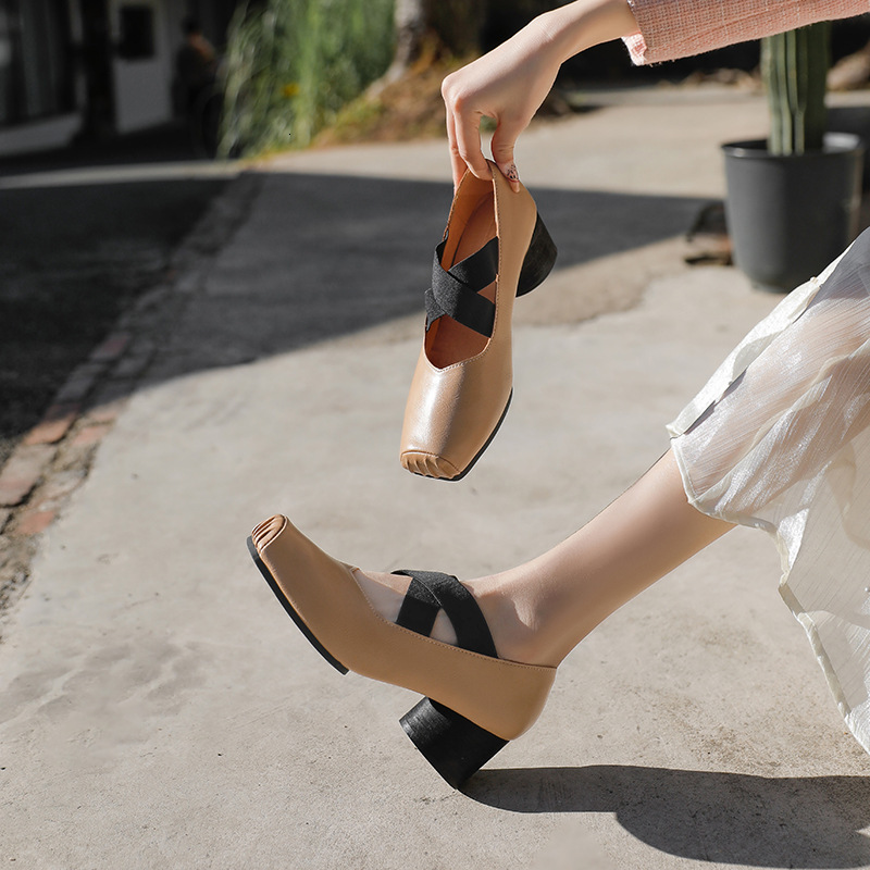 Ddmysheep Ddmysheep Genuine Leather Mary Jane New Cross Strap Square Toe Pleated Ballet High Heel Outdoor Single Shoes For Women