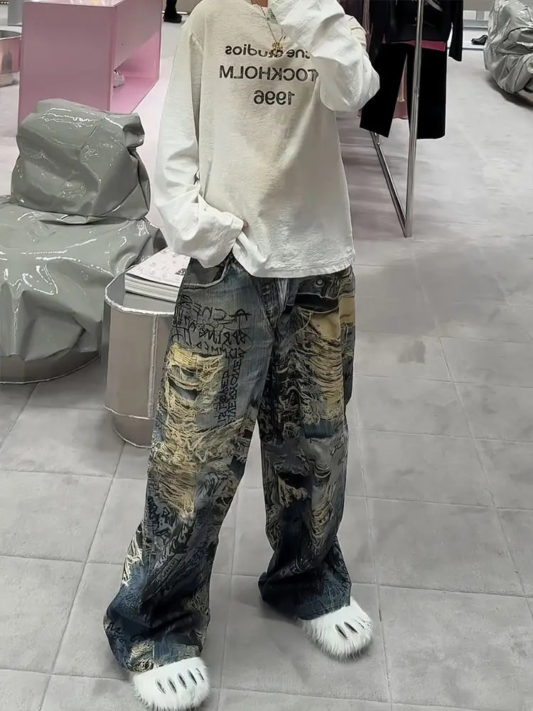 American High Street Big Hole Dirty Dyed Jeans Female Y2K Harajuku Punk Spice Girl Color Printing Extended Mop Pants 250612