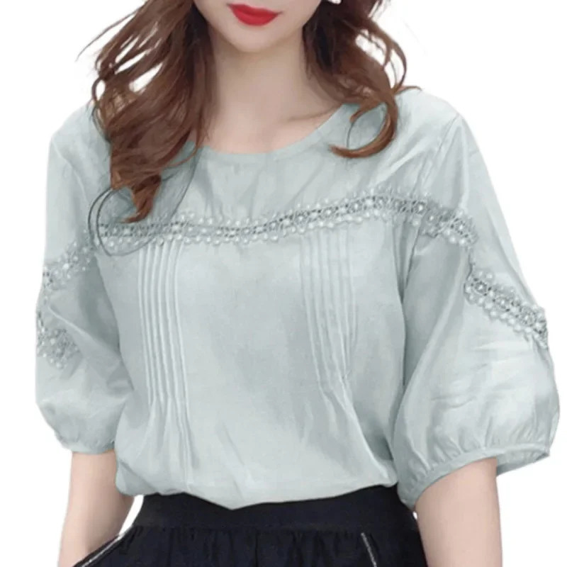 Loose Ice Silk Cotton Blouse Womens Summer Style Lace Splicing Hollow Bubble Sleeve Short Sleeve Top Large Size 250609