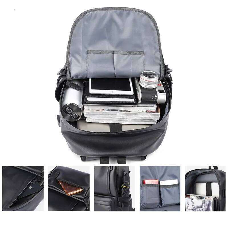 2023 Fashion Leather Men Backpack Waterproof Fit 14 Inch Laptop Backpacks With USB For Teenager Travel Bags Sport Male Mochila