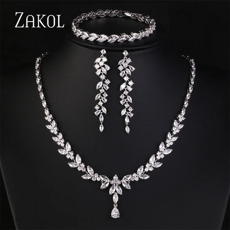 ZAKOL Cubic Zirconia Necklace Earrings Rings Set for Women Shinny Water Drop Leaf CZ Bridal Wedding Jewelry Sets 250609