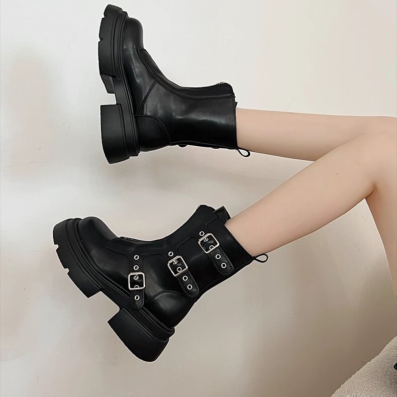 Ddmysports New Melard Short For Women Petite Thick Sole Belt Buckle Western Cowboy Mid Calf Martin Boots Outdoor Shoes