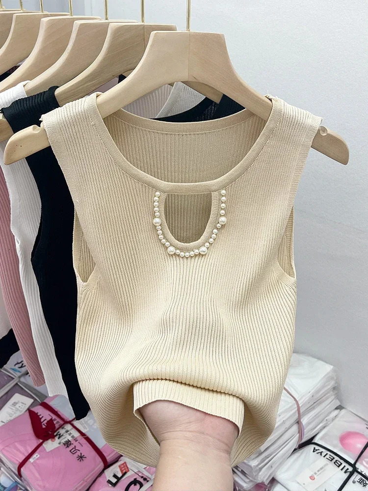 Korea Knitted Vests Women Top Solid Tank Blusas Summer Fashion Female Sleeveless Beading Hollow Out Casual Thin Tops 250614
