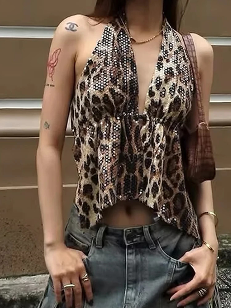 Weird Puss Leopard Sequins Women Vest Y2K Backless Halter VNeck LaceUp Sleeveless Street Skinny Wild Summer Trend Tank Tops 250614