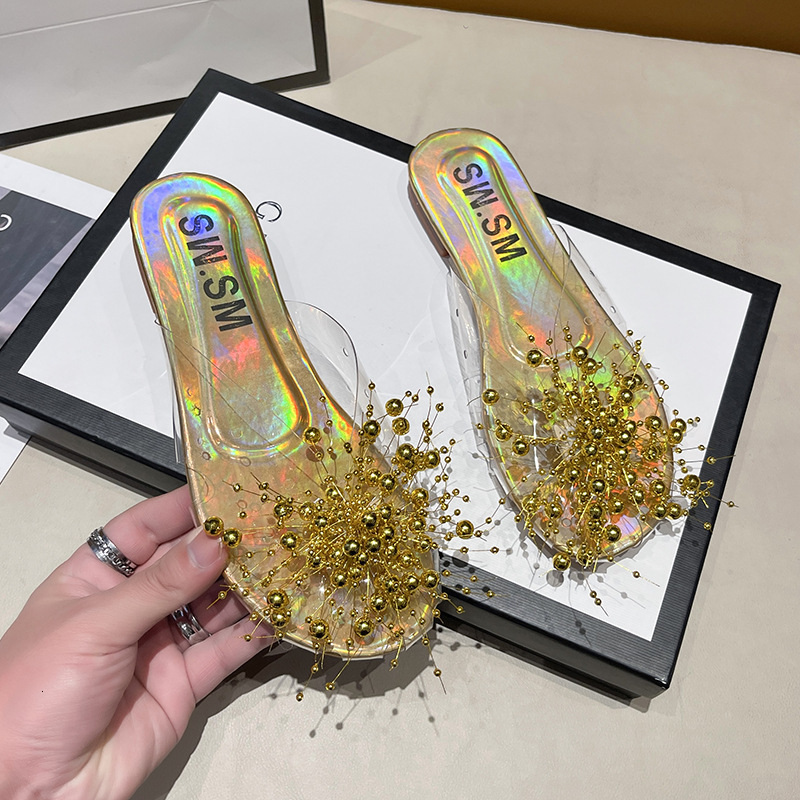 Ddmyoutdoor Shiny Silver Transparent Beaded Toe Cap Half For Women Outdoor Summer Internet Celebrity Super Popular Sandals Slippers Outdoor Shoes