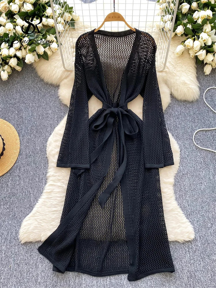 SINGREINY Women Fashion Beach Long Cardigans Summer Sleeves Solid Sashes Streetwear Ins Hollow Out Casual Outerwear 250612