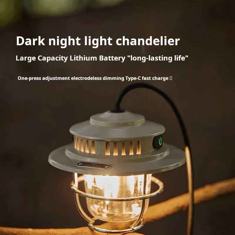 Rechargeable Vintage LED Camping Lantern Portable Waterproof Stepless Dimming Hanging Light for Outdoor Tent Picnic Emergency W250613