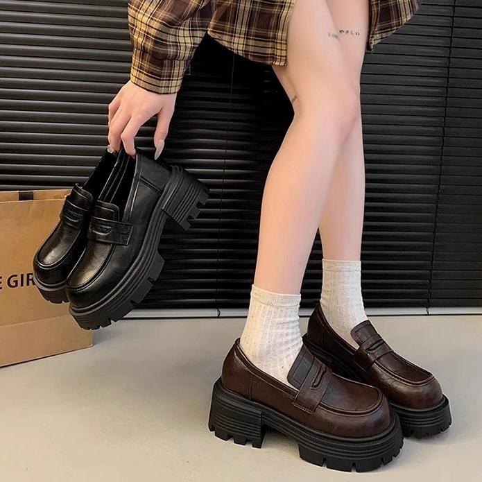 Ddmysports Platform Thick Sole Loafers For Women Spring And Autumn New French Chunky Heel Single British Style Versatile Leather Shoes Outdoor Shoes