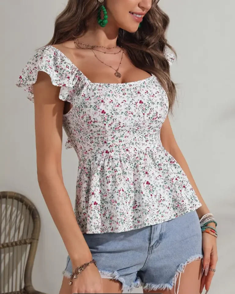 Ladies Summer Floral Laceup Square Neck Slim Fit Vacation Style Highend Sense Shirt Top 250614