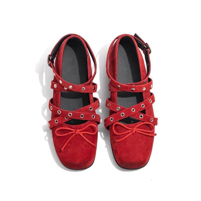 Ddmysheep Ddmysheep Red Cross Strap Bowknot Small Single Shoes For Women Spring New Shallow Mouth Rivet Ballet Flats