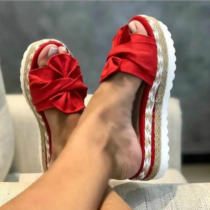 Women Slippers Summer Platform Wedges Mid Heels Bow Tie Peep Toe Fashion Slides Beach Outdoor Ladies Shoes Zapatos De Mujer 250614