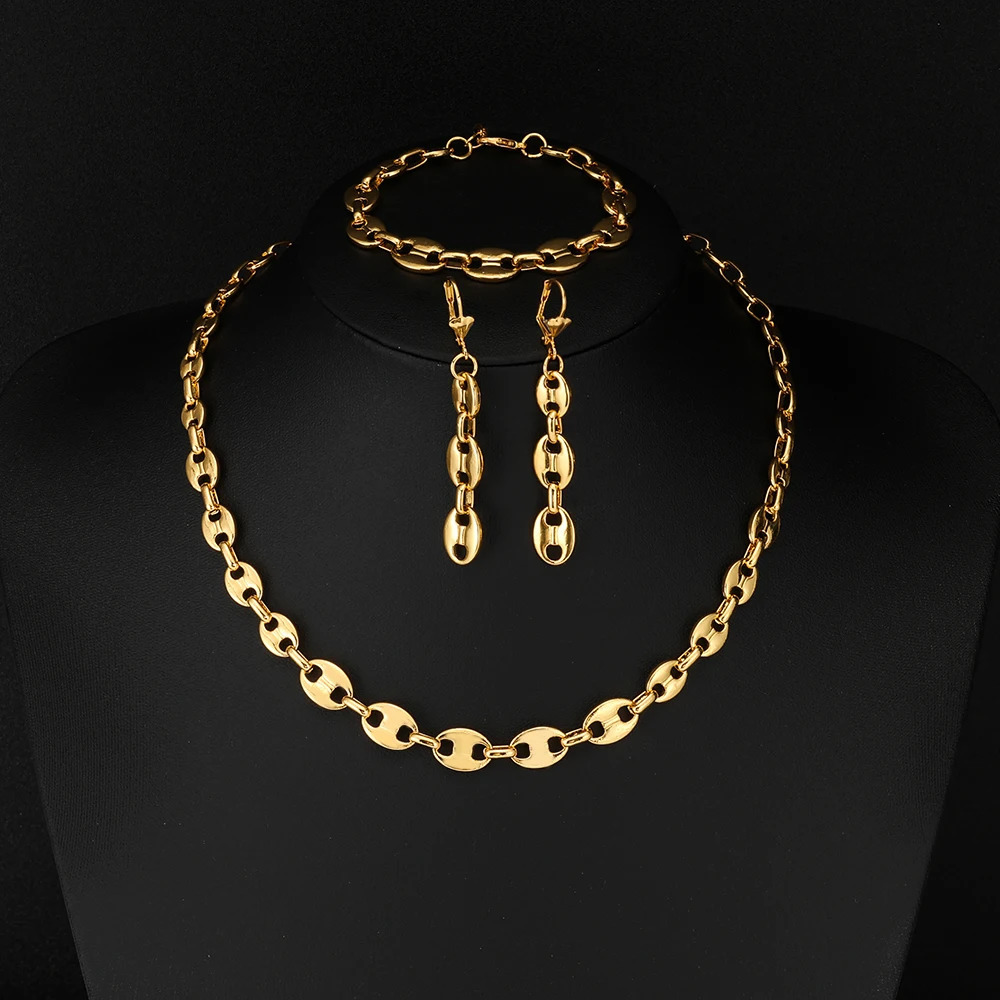 European and American cross-border coffee bean hip-hop golden bracelet earring necklace set lobster buckle stainless steel pig n 250609