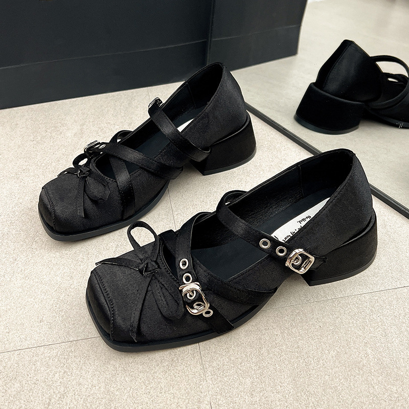 Ddmyoutdoor Chunky Mid Heel French Square Toe Bowknot Mary Jane For Women To Match Skirts Spring New Single Shoes Outdoor Shoes