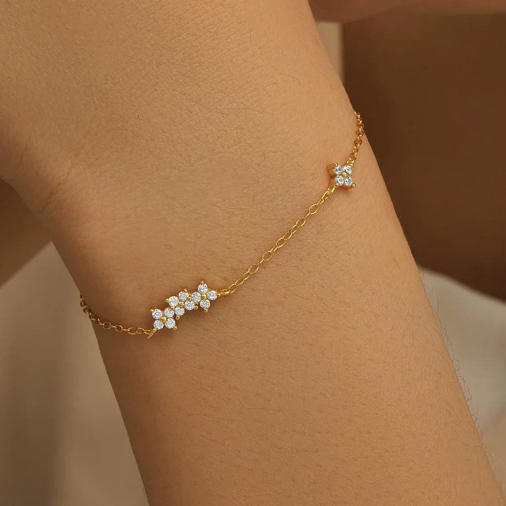 CANNER Real S925 Sterling Silver Mini Zircon Flower Pendant Bracelet Chain for Womens Fine Jewelry Gifts Gold Bracelets Bangles 250610