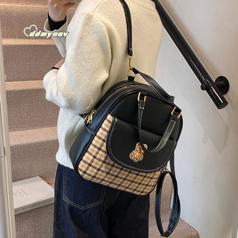 Trendy Simple Backpack Women's Handbag Single Shoulder Crossbody Bag Versatile Texture Personality Bear Embroidery ddmynov