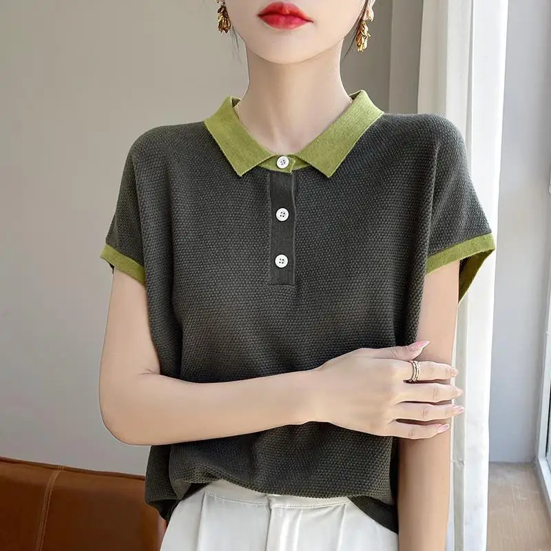 Womens Polo Contrast Color Knitted T-shirts High Quality Original in Trend 2025 Korean Style Clothing Baggy Female Tee 250609