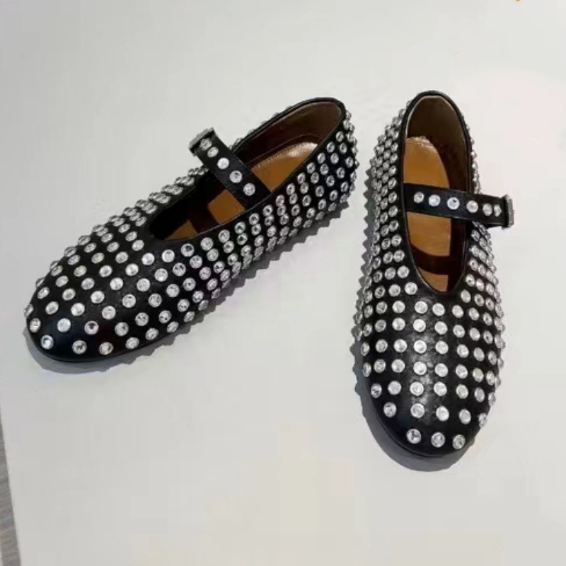 Ddmysheep Ddmysheep One Strap Ballet Hollow Mary Jane Women Genuine Leather Rhinestone Flat Evening Round Toe Shallow Mouth Single Shoes