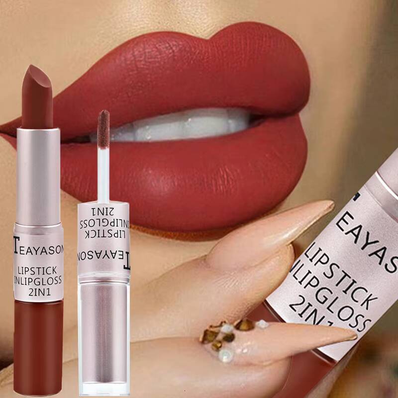 1Pc Long Lasting Velvet Double Head Non-stick Cup Lip Gloss Waterproof 2 in 1 Matte Red Lipstick Makeup happy