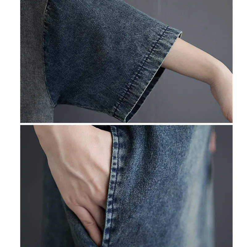 VWBQNZ Oversized Short Sleeve Denim Dress 2025 Summer Fashion Loose Vintage Splice Denim Dress Women Casual Clothing 250609