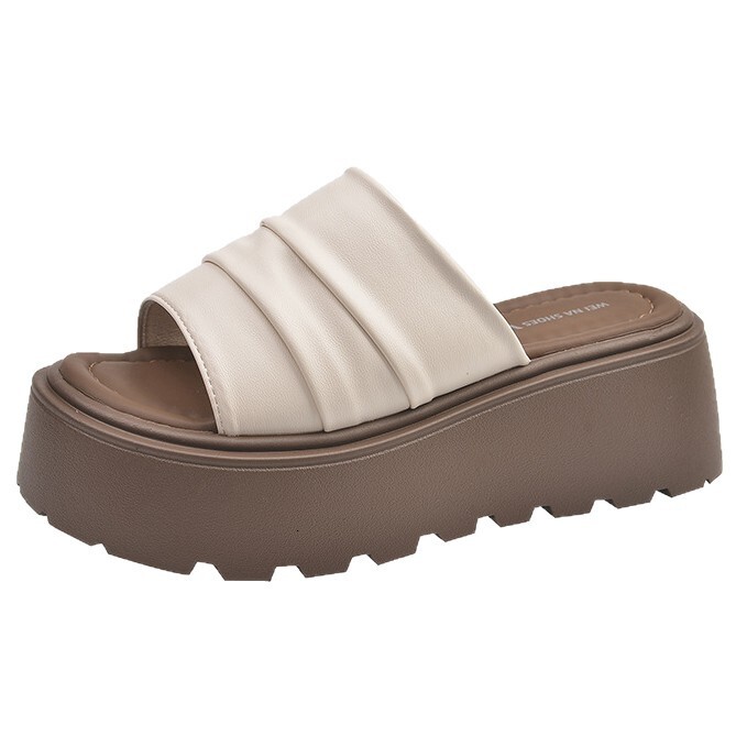 Ddmyoutdoor Wrinkled Leather Thick Soled One Strap For Women Summer New Versatile Casual Outdoor Platform Height Increasing Sandals Outdoor Shoes