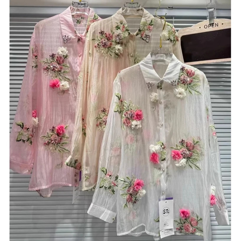 Woman Diamonds Beaded 3D Flowers ed Chiffon Shirt Floral Crystal Net Yarn Blouses Sun Protection Gauze Rhinestones Tops 250611