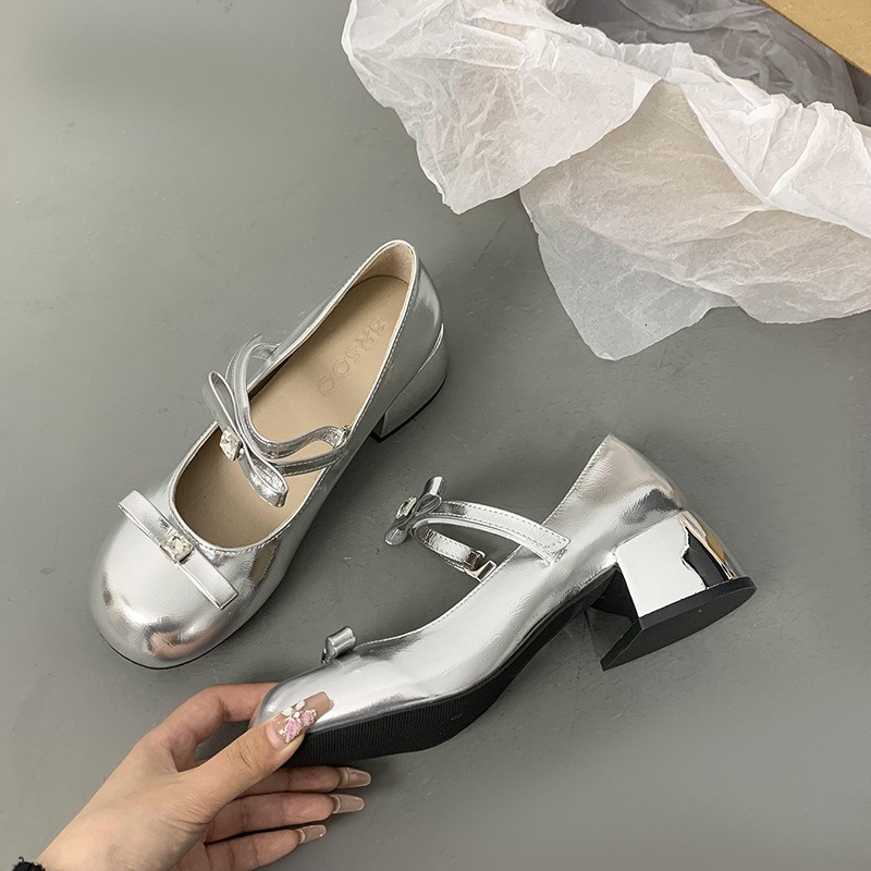 Ddmyoutdoor Silver Shallow Ballet Style High Heel Single For Women New Summer French Round Toe Mary Jane Shoes To Match Skirts Outdoor Shoes