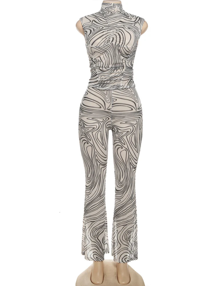 Weird Puss See Through Women 2 Piece Set Black Stripes Tank TopsFlare Pants Stretch Clubwear Skinny Coquette Matching Outfits 250614