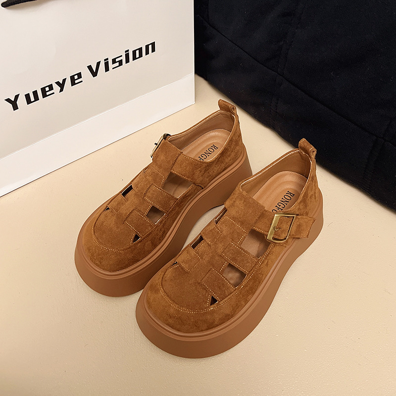 Ddmyoutdoor Summer New Thick Soled Woven Bag Sandals Korean Mid Heel Single Hollow Solid Color Fashion Leather Shoes For Women Outdoor Shoes