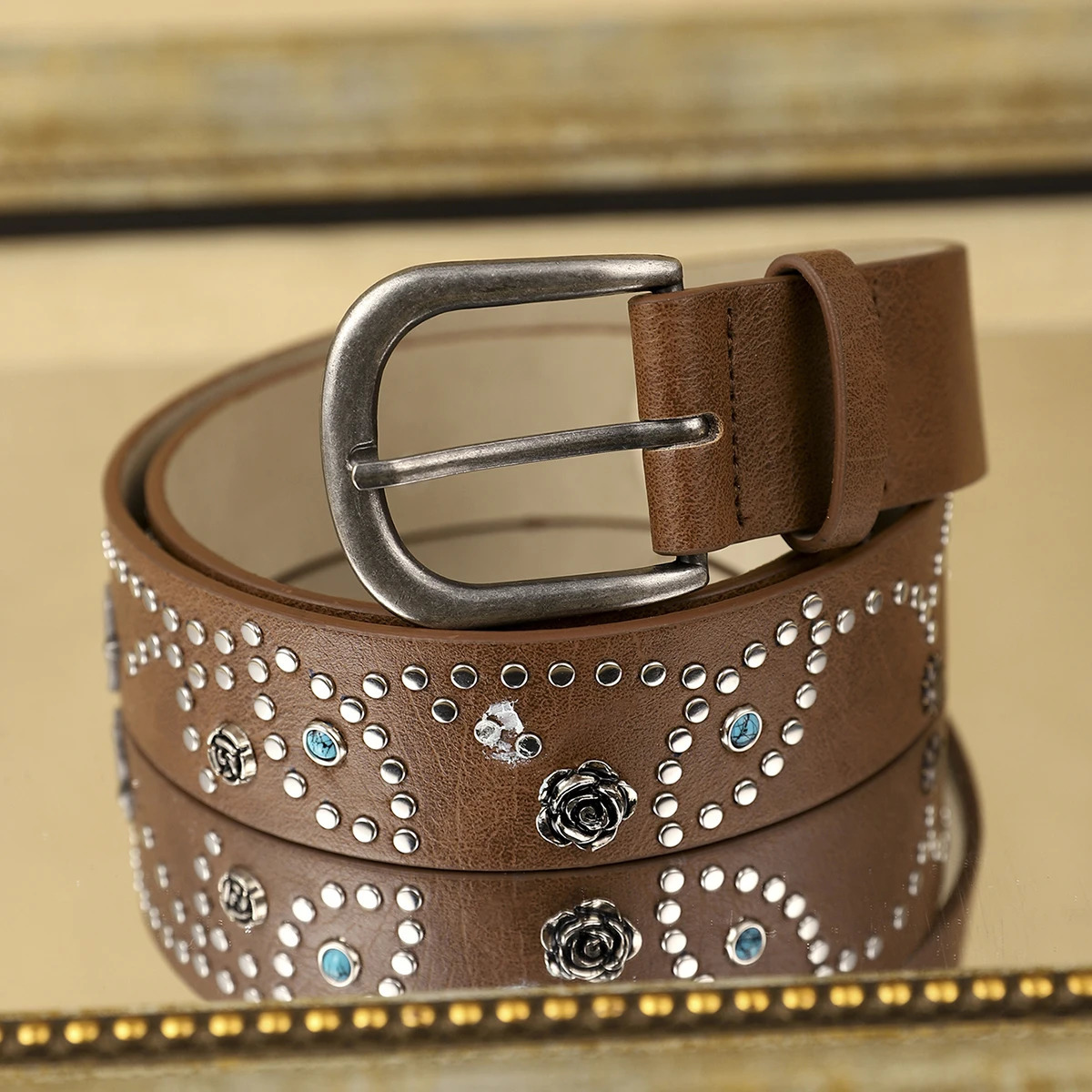 1 womens coffee color PU belt bohemian style belt metal flowers fashion clothing must-have shopping first 250610