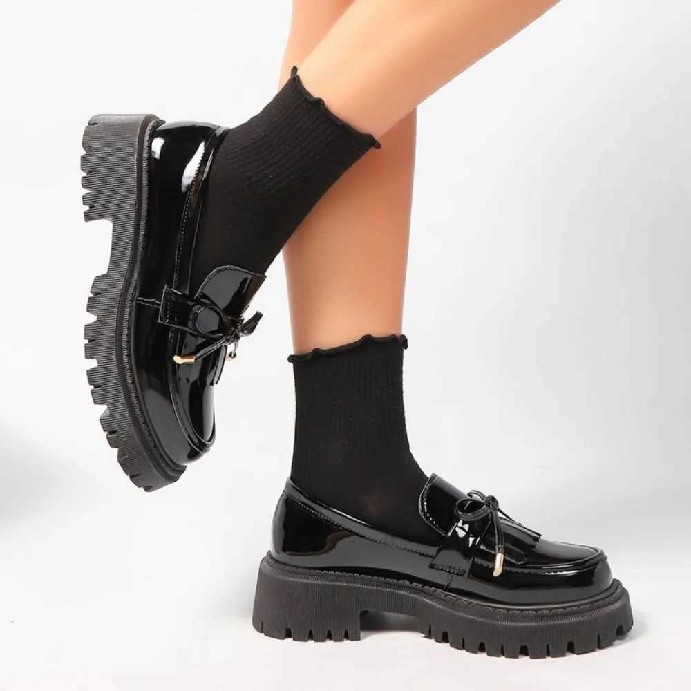 2025 Plus Size 42 Summer Black Vintage Platform Flats Shoes Women Easy To Put Butterfly Knot Med Heels Loafers Daily Shoes XJ250614