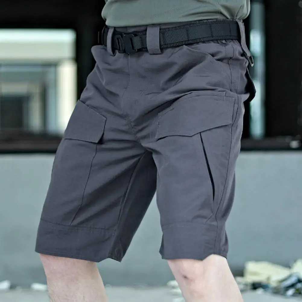 Solid Color Casual Shorts Mens Summer Cargo Shorts with Elastic Waist Multiple Pockets Wear-resistant Fabric for Outdoor W250614