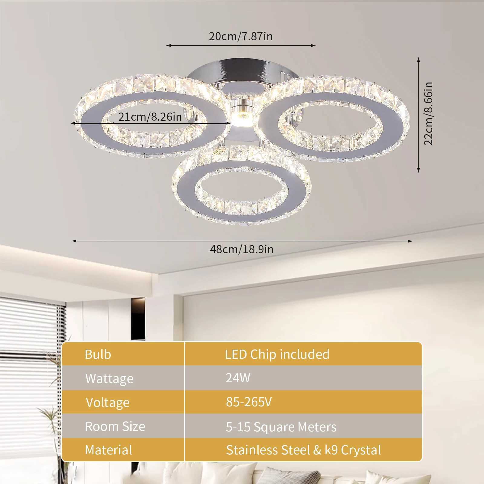 3-Circle Crystal Ceiling Light with Stepless Dimming US Plug Modern Dimmable Fixture for Living Room Bedroom Decor Lighting XJ2500613