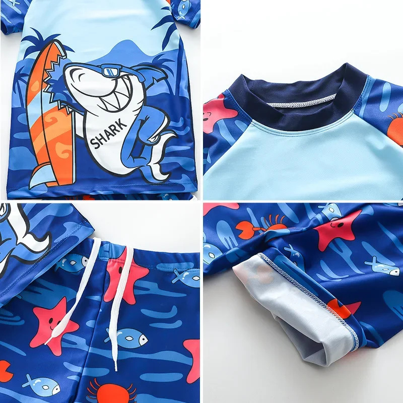 Factory Direct Boys Swimsuit Summer Short Sleeves Cartoon Boys Childrens Two-piece Suit Swimming Cap Swimming Briefs 250614