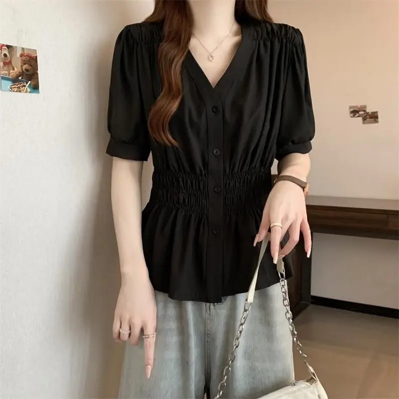 Simple Vneck Elastic Waist Shirt And Blouse Short Sleeve Solid Top Women Clothing French Allmatch Single Breasts Casual Summer 250614