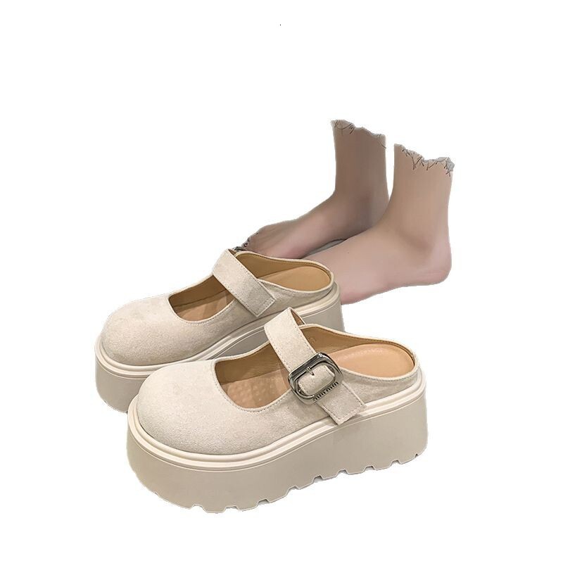 Ddmysports Spring Platform Thick Sole Closed Toe Half Slippers For Women New Height Increasing Versatile Magic Tape Sandals Outdoor Shoes