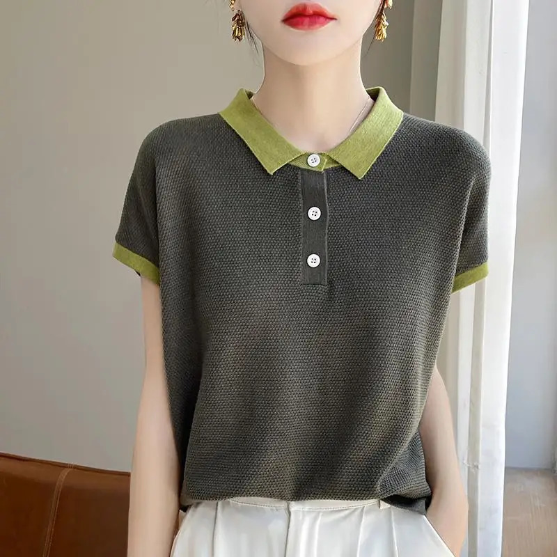 Womens Polo Contrast Color Knitted T-shirts High Quality Original in Trend 2025 Korean Style Clothing Baggy Female Tee 250609