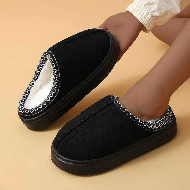 Winter - Thickened Non-Slip EVA Sole, Soft Fabric Indoor Home Shoes with Lace-Up Design, Warm and Lightweight Slip-On Suitable for Cold Floors Black /