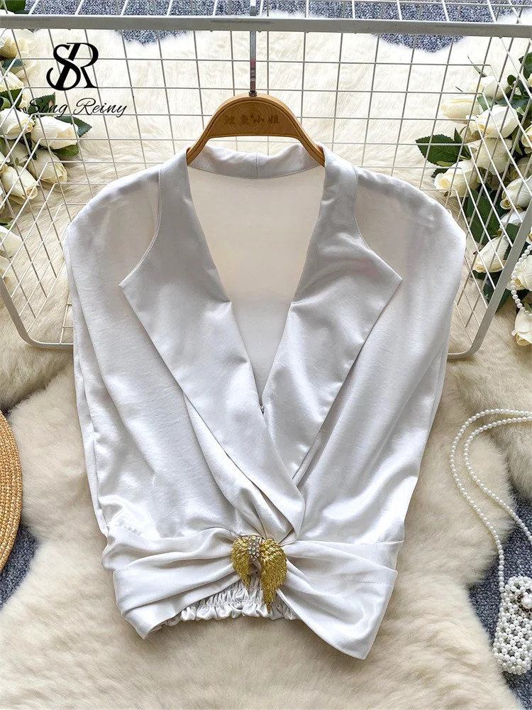 SINGREINY Satin Suit Vest 2025 Women V Neck SLeeveless Solid Elastic Short Blouse Serpentine Work Casual Tank Top 250609