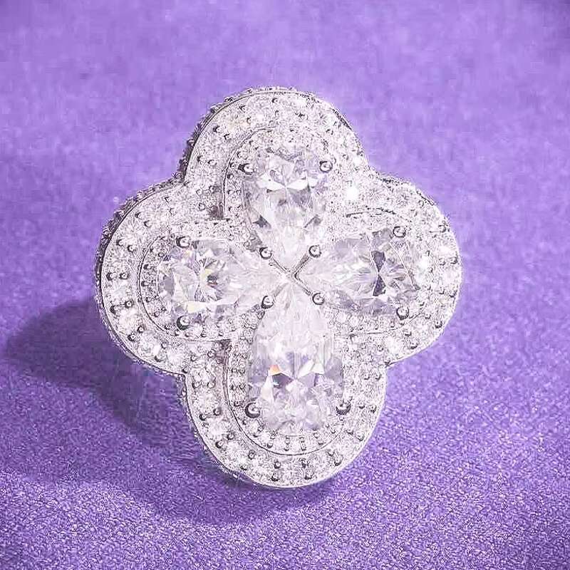 Pass Diamond Tester Hip Hop D Color VVS Bling Moissanite Four Leaf Clover Ring With 925 Sterling Silver GRA Women Men