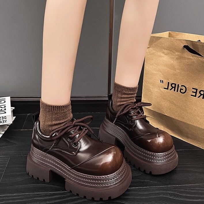 Ddmysports British Style Round Toe Thick Sole Leather New Spring Summer Lace Up Derby Shoes Petite Height Increasing Loafers Outdoor Shoes