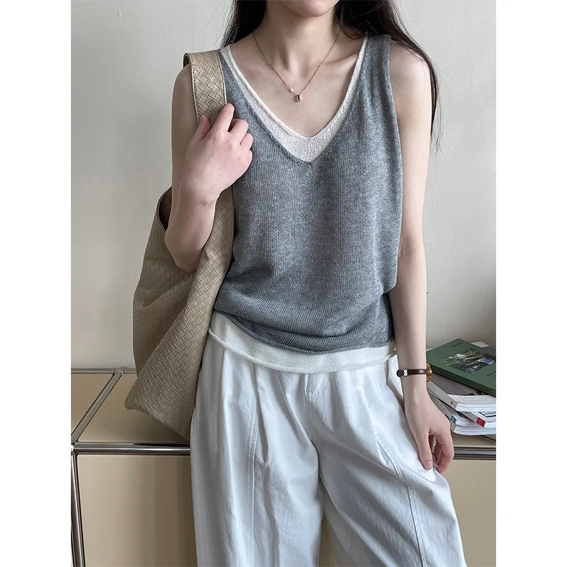 Twopiece Knit Tank Tops For Women 25 Summer Vneck Shoulder Top 250612