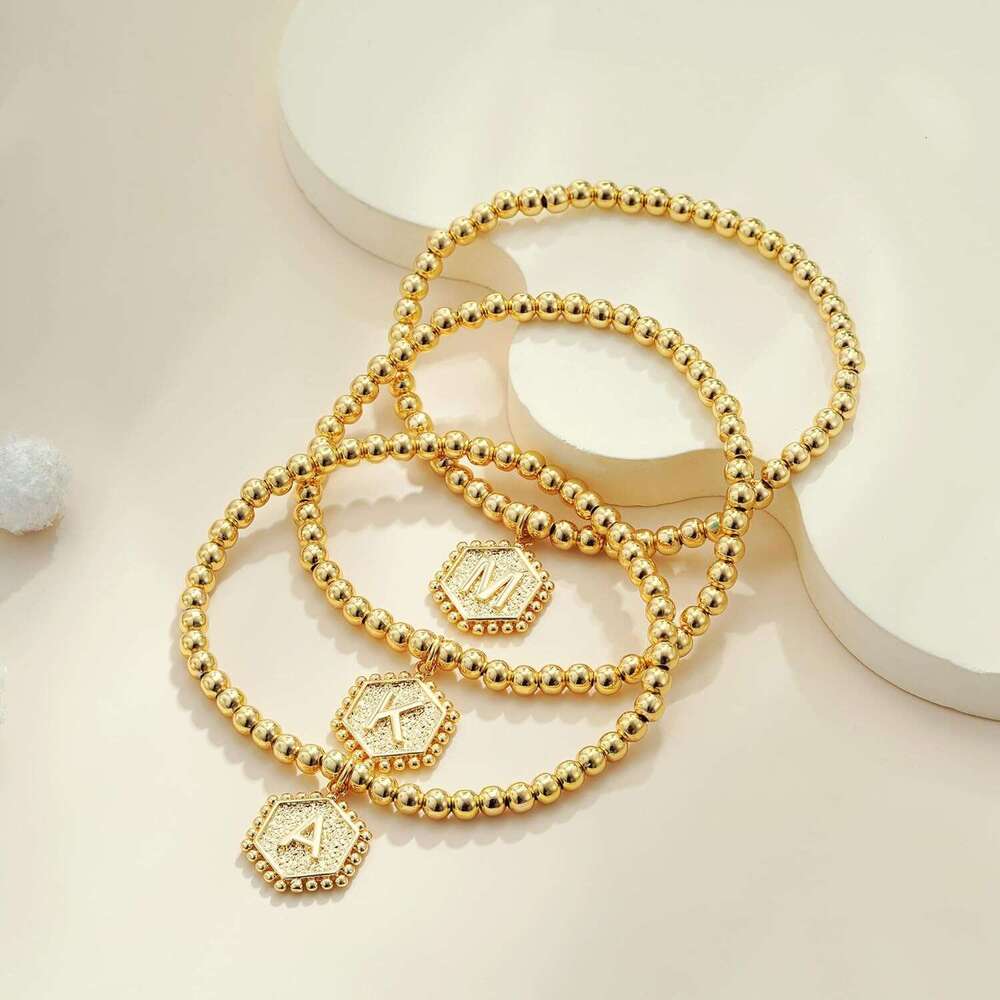 Good Girls - Gold Plated Hexagon Initial Bracelets Stackable Dainty A-Z Beaded Bracelet Letter Pendant Stretch Trendy Stack Jewelry Set for Women