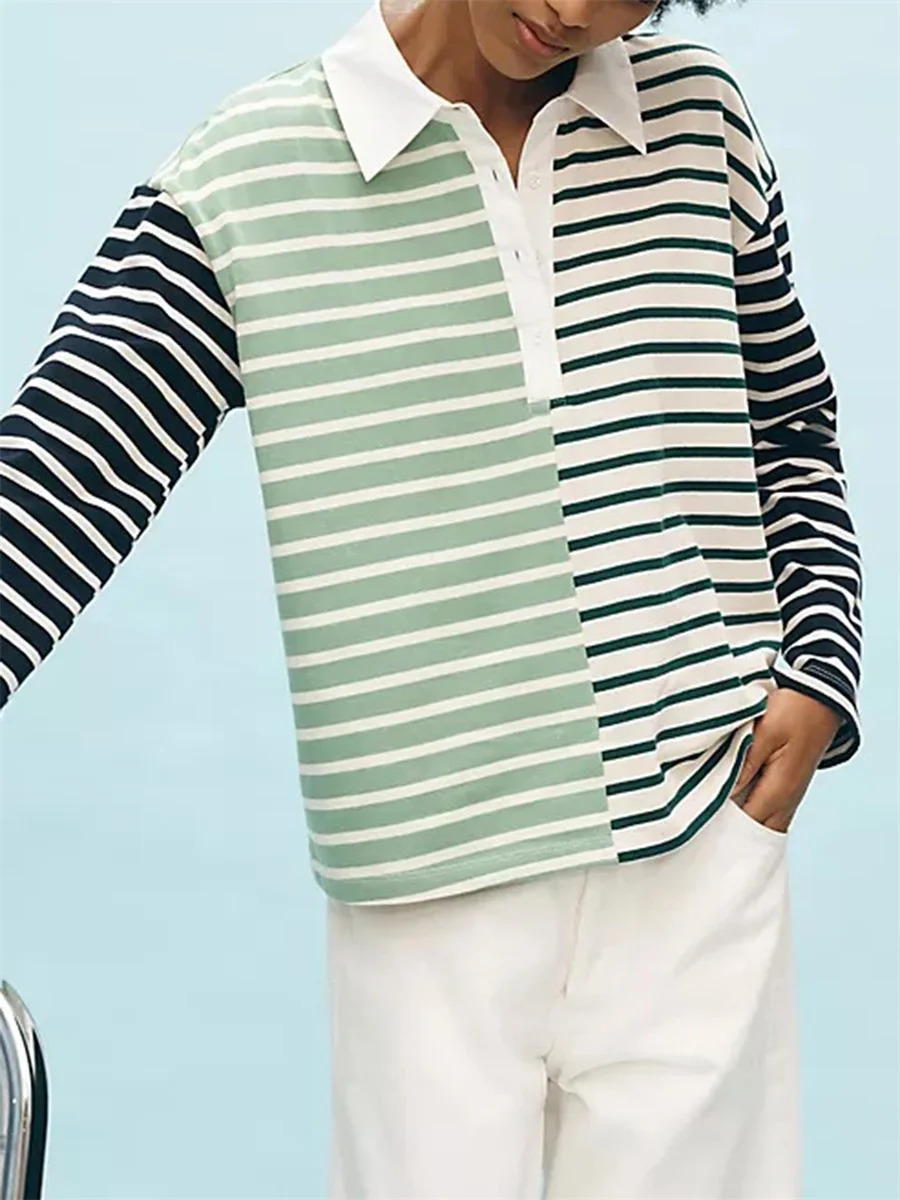 Women s Striped Blouse with Half Button Down Detail Lapel Neck and Long Sleeves - Casual Streetwear Fashion Top 250609